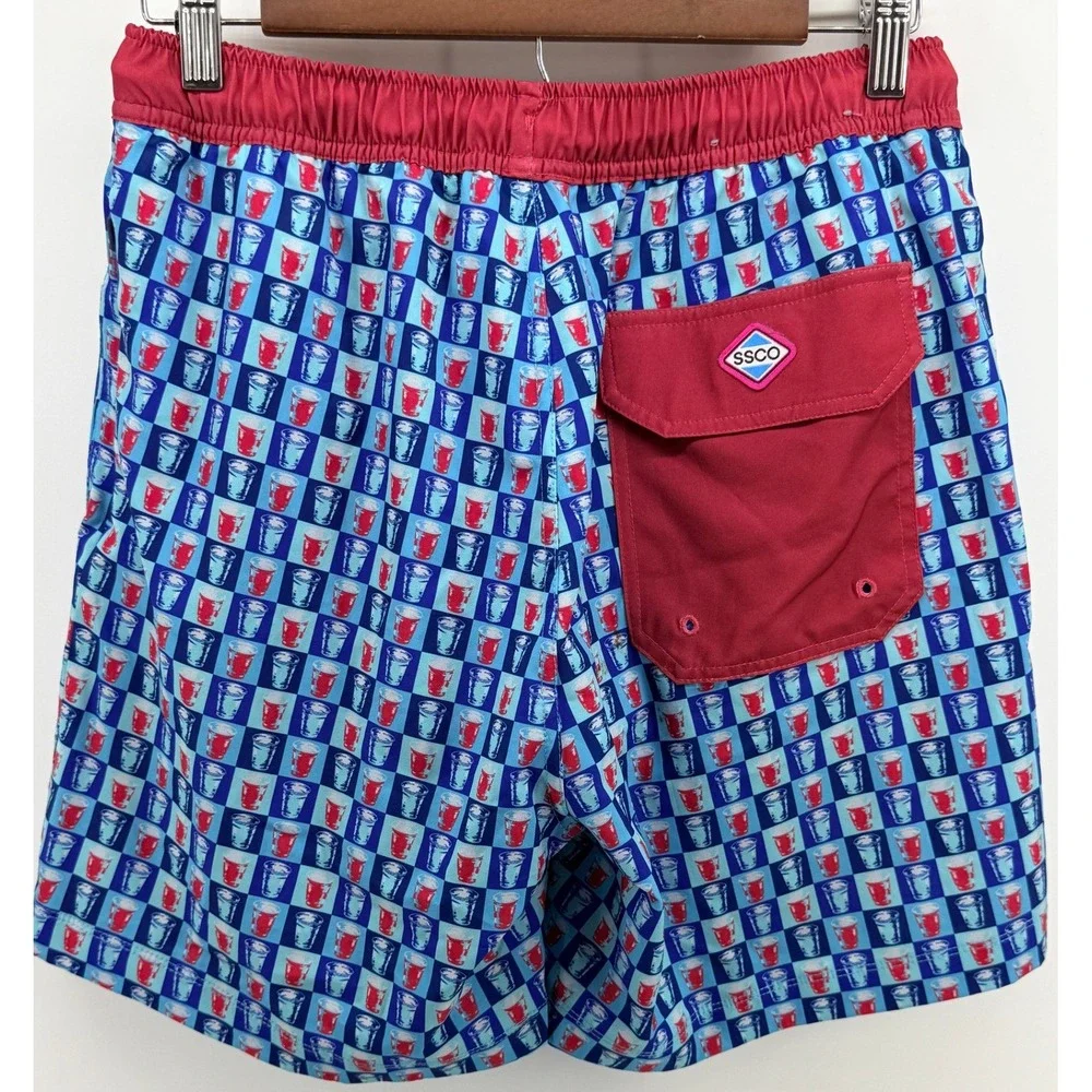 SSCO Mens Blue Red Solo Cup Checkered Swim Shorts Trunks Size Small 6 Inseam